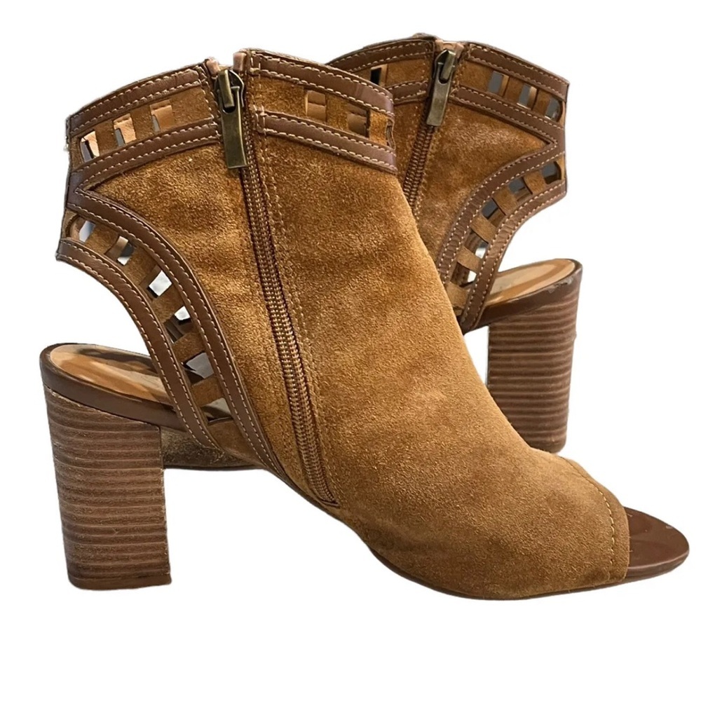 Franco Sarto 9.5 Greenwich Cognac Heeled Ankle Boots Booties Open Back Peep Toe